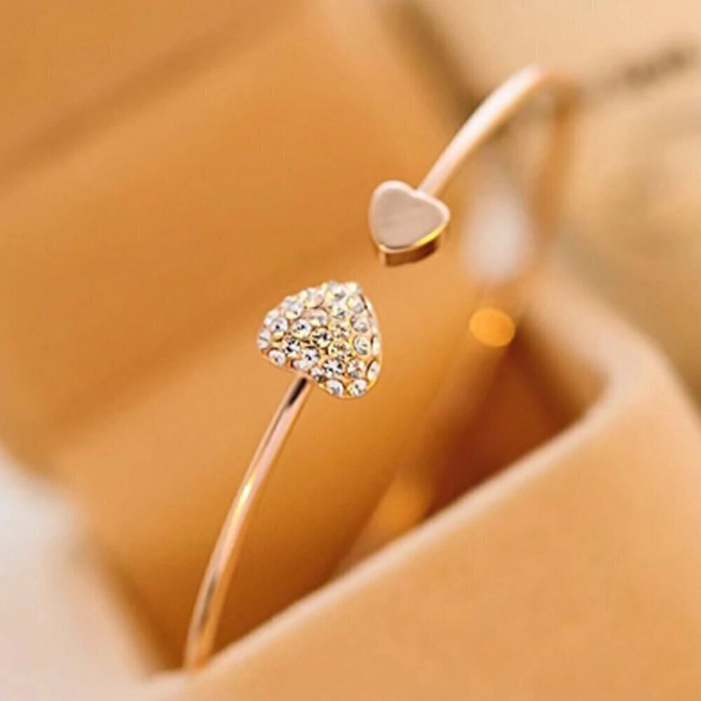 Double Hearts with Rhinestones Open Bangle Gold Tone Bracelet